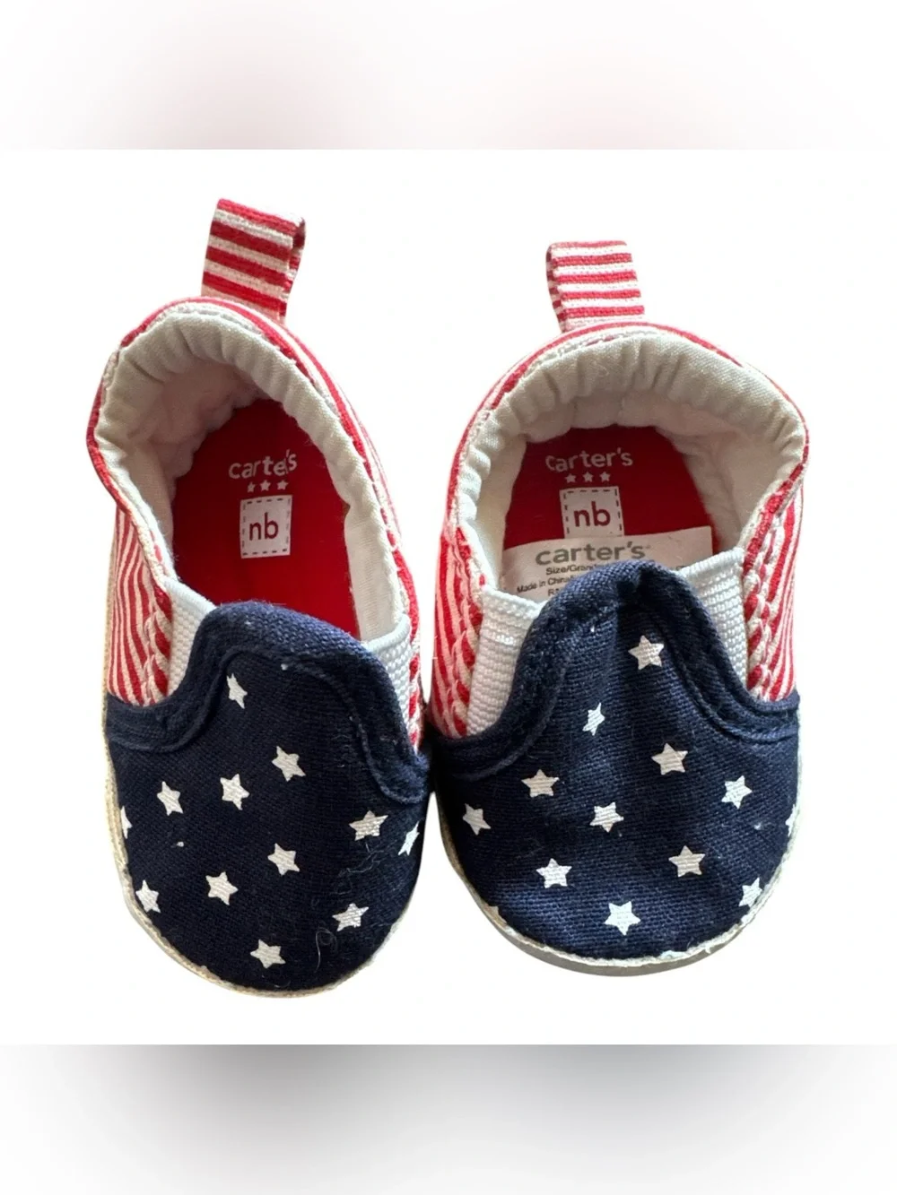 Carters Patriotic Striped Red & White Newborn NB Baby Booties with Navy Accents